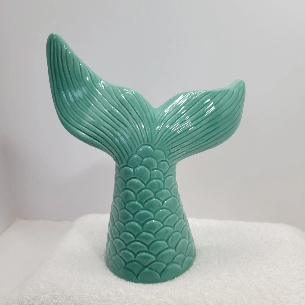 MERMAID Aqua Blue Pearlized Ceramic Mermaid Tail Coin Bank Girls Room Ocean